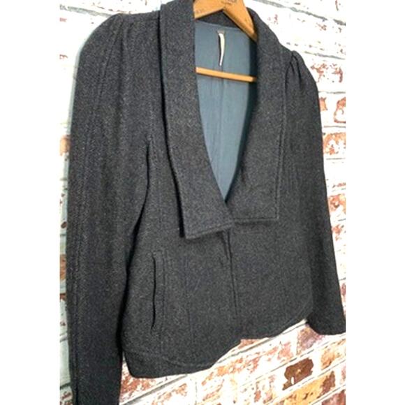 Free People Charcoal Gray Herringbone Gathered Puff Shoulder Wool Blend Jacket - Picture 6 of 16